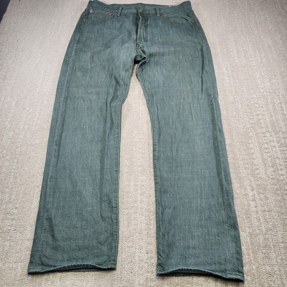Levis 501 Jeans Men 35x32 READ* White Oak Cone Denim Straight Button Fly Green